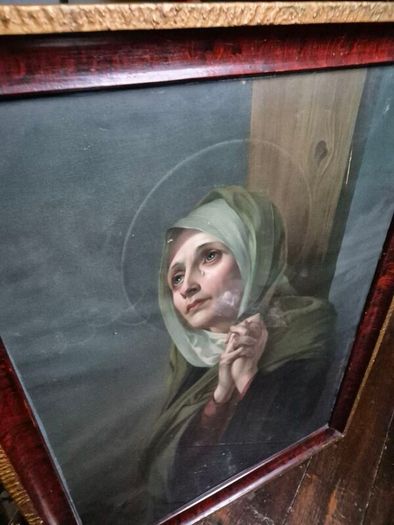 Vintage 1934 large print Mater Dolorosa glass wood framed