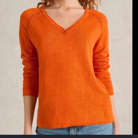 White Stuff Naria Organic Cotton Linen Blend VNeck Jumper / Sweater Vibrant Orange Size 16