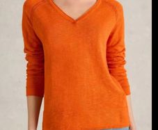 White Stuff Naria Organic Cotton Linen Blend VNeck Jumper / Sweater Vibrant Orange Size 16