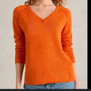 White Stuff Naria Organic Cotton Linen Blend VNeck Jumper / Sweater Vibrant Orange Size 16