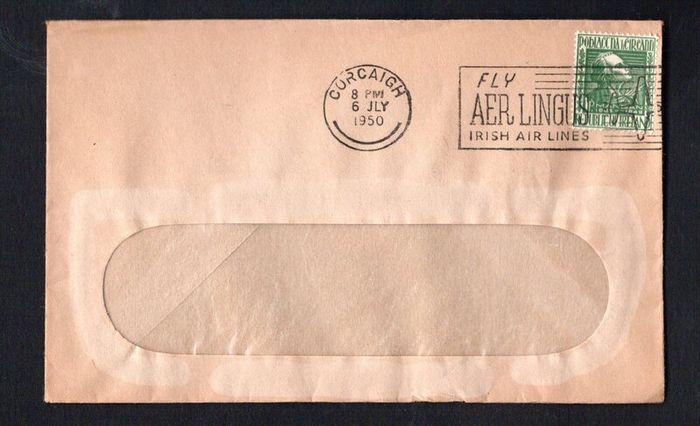 1950 Ireland Slogan Cancel "Fly Aer Lingus Irish Air Lines" tying 1d Mangan Definitive stamp on cover. Cork Cancel of 6 July 1950.
