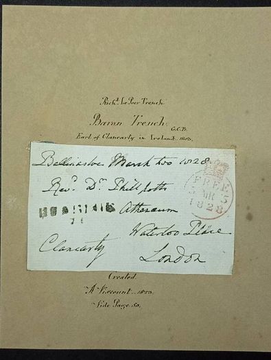 1828 Signed Irish Free Frank. Earl of Clancarty Ballinasloe. Napoleonic Diplomat Memorabilia.