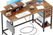 Computer Desk with Drawers Power Outlets 100 cm Office Storage Monitor Stand Reversible Small Desks for Home Bedroom Brown