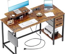 Computer Desk with Drawers Power Outlets 100 cm Office Storage Monitor Stand Reversible Small Desks for Home Bedroom Brown