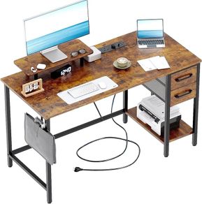 Computer Desk with Drawers Power Outlets 100 cm Office Storage Monitor Stand Reversible Small Desks for Home Bedroom Brown