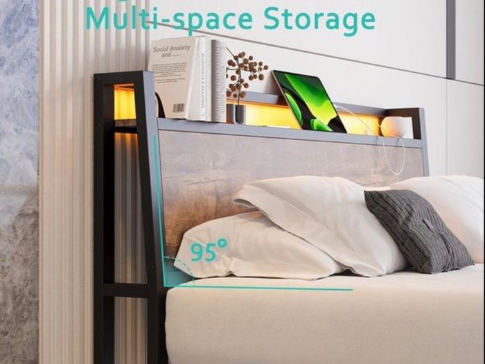 King Size Bed Frame with Wood Headboard Storage, Black Charging Station, LED Lights, Heavy Duty Metal Slats, Under Bed Storage,No Box Spring Needed,Easy Assembly