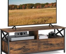 TV table 120 x 40 x 50 cm TV cabinet, TV table, lowboard for TVs up to 55 inches, with 2 drawers, 2 open compartments, 120 x 40 x 50 cm, for living room, steel frame, vintage brown-black