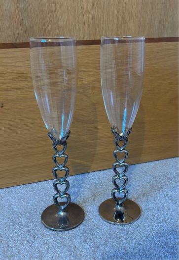 Vintage Silver Plated Heart Stem Champagne Flutes / Glasses