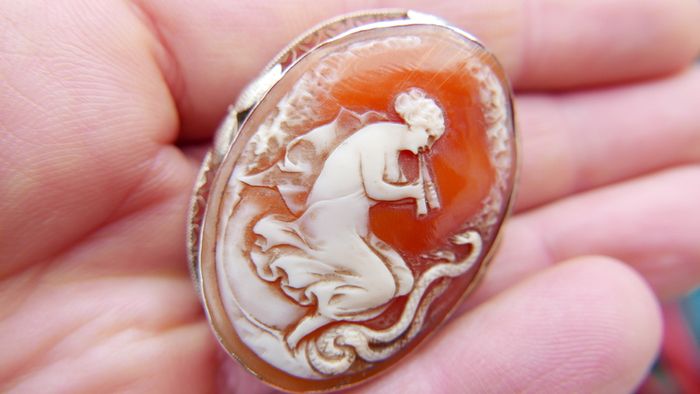 Vintage Most Rare 1890's Antique 14k Gold Shell Cameo Pin Brooch 4cm X 3cm