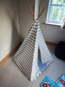 Kids Wooden Teepee Play Tent + FREE Foam Play Mat (Grey, Blue & White Stripe)