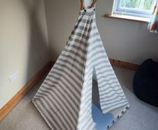 Kids Wooden Teepee Play Tent + FREE Foam Play Mat (Grey, Blue & White Stripe)