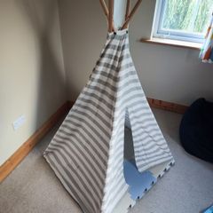Kids Wooden Teepee Play Tent + FREE Foam Play Mat (Grey, Blue & White Stripe)