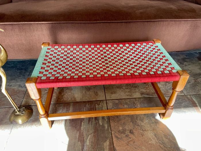 Rare Vintage Long Sugan Style Ottoman Stool Bench Woven with Red Green Cotton Rope