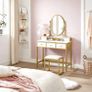 Dressing table, dressing table with stool, cosmetic table with oval mirror and open compartment, drawers, modern, for bedrooms, dressing rooms, white and gold-colored Image 2