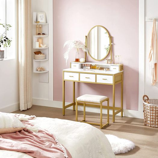 Dressing table, dressing table with stool, cosmetic table with oval mirror and open compartment, drawers, modern, for bedrooms, dressing rooms, white and gold-colored