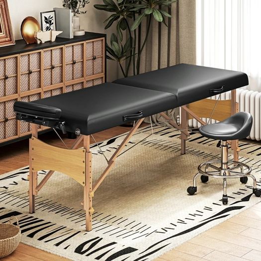 Height-Adjustable Massage Table, Wooden Frame, Folding Massage Bed, Foam Padding, Black