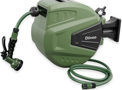 Retractable Garden Hose Reels Automatic Rewind Water Hose Reel 20m, Outside with Wall Mounted Hose Reel, 9 in 1 Pattern Hose Nozzle, 180 Swivel Bracket, Any Length Lock