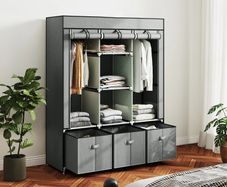 Foldable Fabric Wardrobe for Bedroom, Portable Wardrobe with 5 Shelves, 2 Hanging Rails and 3 Fabric Drawers, Light Grey