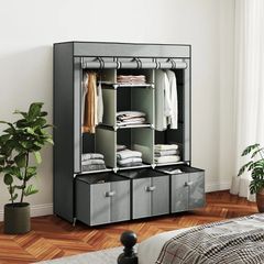 Foldable Fabric Wardrobe for Bedroom, Portable Wardrobe with 5 Shelves, 2 Hanging Rails and 3 Fabric Drawers, Light Grey