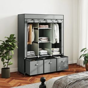 Foldable Fabric Wardrobe for Bedroom, Portable Wardrobe with 5 Shelves, 2 Hanging Rails and 3 Fabric Drawers, Light Grey