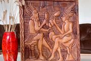 Vintage Hand Carved Deep Relief Large Wooden Wall Art Panel Tribal Village Scene Story Board