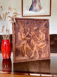 Vintage Hand Carved Deep Relief Large Wooden Wall Art Panel Tribal Village Scene Story Board