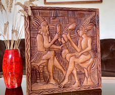 Vintage Hand Carved Deep Relief Large Wooden Wall Art Panel Tribal Village Scene Story Board