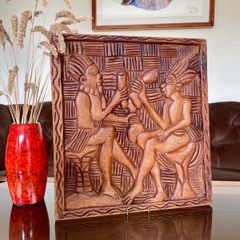 Vintage Hand Carved Deep Relief Large Wooden Wall Art Panel Tribal Village Scene Story Board