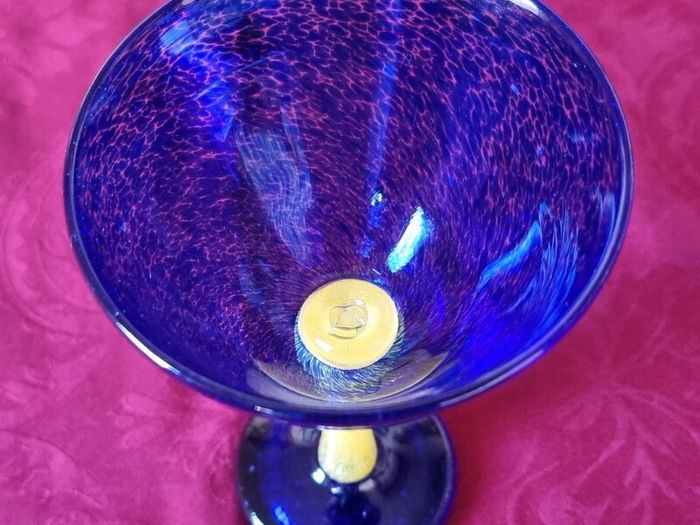 Murano Style Cobalt Blue And Yellow Glass Stemmed Goblet