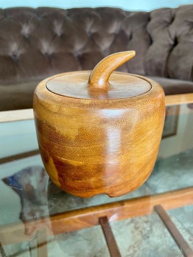 Vintage Apple Shaped Wood Jar Container Round Wooden Box 1960s 70s