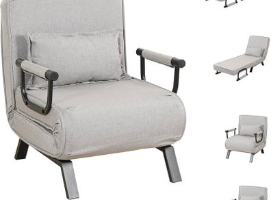 4-in-1 Multi-Functional Convertible Sofa Bed Recliner Chair Sleeper Floor Chair Lounger Versatile Folding Guest Bed 6-Position Removable Pillow Adjustable Small Spaces (Light Grey)