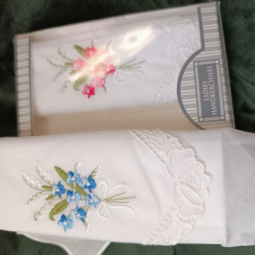 two cambric handkerchiefs with hand embroidery new in packaging