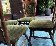 Set of 4 Vintage Solid Oak Dining Chairs, Green Velvet Upholstery. 1974