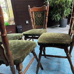 Set of 4 Vintage Solid Oak Dining Chairs, Green Velvet Upholstery. 1974