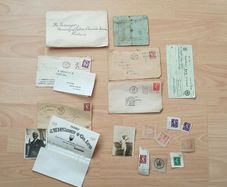 Collection of historical ephemera includes vintage envelopes, postage stamps, two photos and a bank check from the mid-20th century.Items date from the 1920s to the 1960s