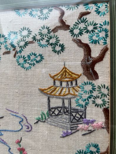 Vintage Chinese Embroidery Framed Bird & Floral Textile Art