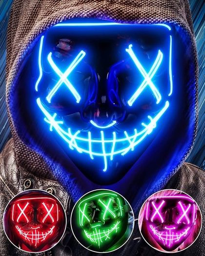 Scary LED Halloween Mask, Light up Mask Cosplay, LED Rave Face Mask Costume 3 Lighting Modes, Halloween Face Masks for Men Women Kids