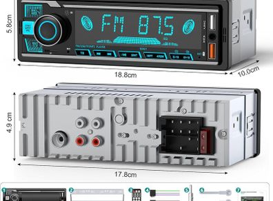 Car Stereo Bluetooth, Wistrue Car Radio Bluetooth 5.0 Hands-free with 7 Colorful Lights 1 Din Car Stereo with 2USB/TF/AUX/WMA/WAV/MP3 Media Player