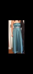 Full length, teal/turquoise satin, strapless dress from Monsoon.