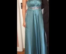 Full length, teal/turquoise satin, strapless dress from Monsoon.