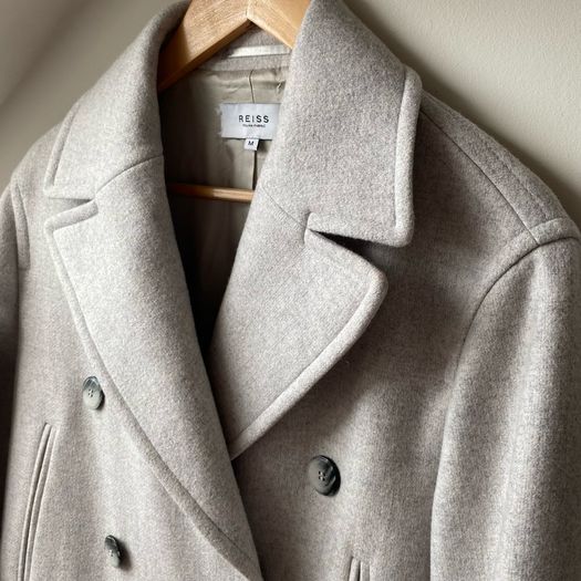Reiss Tailored Double Breasted Wool Blend Coat Light Gray Melange (Size M) Like New