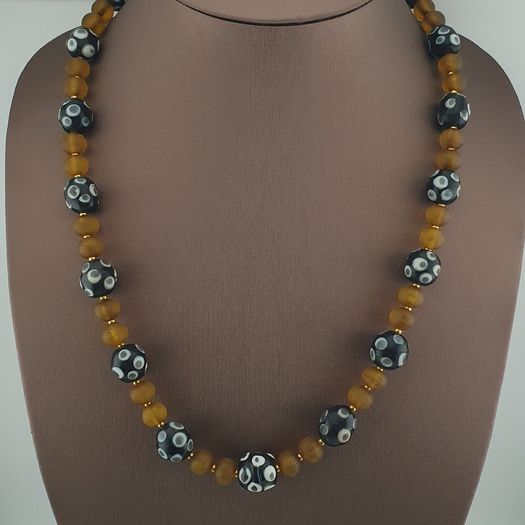 Antique Venetian African Style Eyes & Yellow Brown African Glass Beads Necklaces
