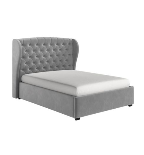 Grey Velvet King Size Ottoman Bed with Winged Chesterfield Headboard - Safina