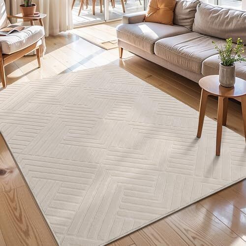 Washable Rugs Living Room 120 x 160 cm Anti Slip Rugs Classic Large Rugs for Bedroom Short Pile Modern Design Floor Mat Soft Touch Geometric Rugs for Kitchen Office Home Decor, Cream
