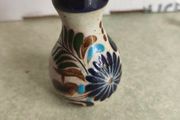 Mexican Folk Art Pottery Vase 3 3/4 inche Vintage Brown Cobalt Blue Floral Hand Painted Flowers, Decorative Textured Flower Gift Miniature Small