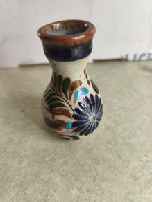Mexican Folk Art Pottery Vase 3 3/4 inche Vintage Brown Cobalt Blue Floral Hand Painted Flowers, Decorative Textured Flower Gift Miniature Small