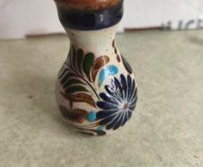 Mexican Folk Art Pottery Vase 3 3/4 inche Vintage Brown Cobalt Blue Floral Hand Painted Flowers, Decorative Textured Flower Gift Miniature Small