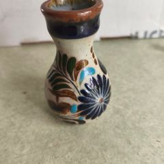 Mexican Folk Art Pottery Vase 3 3/4 inche Vintage Brown Cobalt Blue Floral Hand Painted Flowers, Decorative Textured Flower Gift Miniature Small