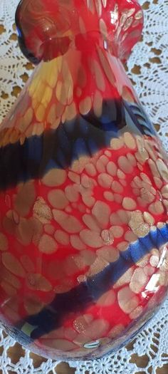 Large Murano Style Vase, Hand Blown Studio Art Glass, Iridescent Red & Gold & dark blue
