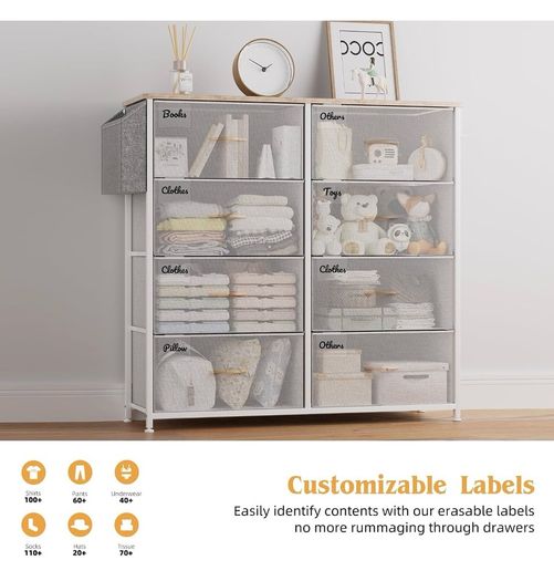 Fabric Chest of Drawers - Canvas Storage Unit with 8 Large Drawers Label Cards, Side Pocket & Hook for Living Room, Hallway, Bedroom